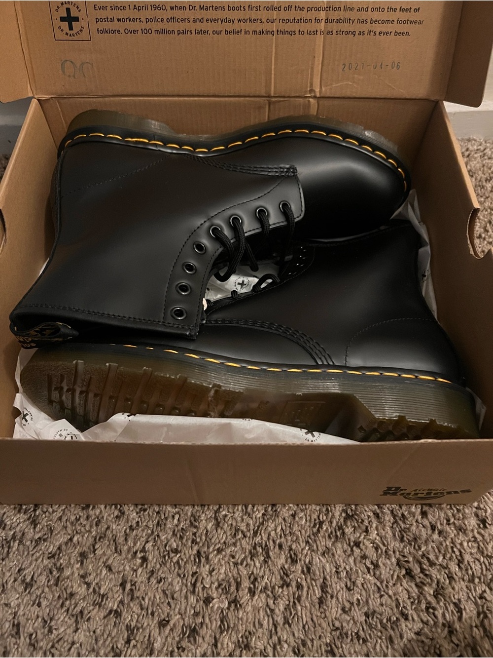 Dr. Martens Women’s Black 8-Eye Lace-Up Leather Boots with Yellow Welt Stitching - Picture 3 of 7